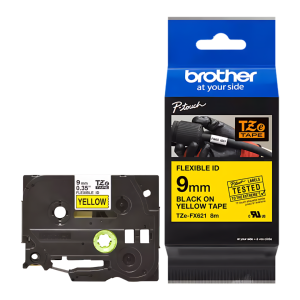 Taśma Brother TZe-FX621 9 mm x 8 m / flexi elastyczna / żółta / czarny nadruk / do drukarek Brother P-touch