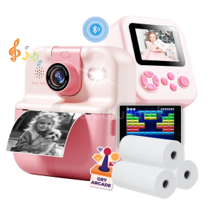 Mini drukarka zdjęć Fotuś P02 różowa 203 dpi / do 56 mm / PC / Mac / BT / z 6 rolkami taśm w zestawie