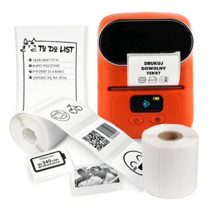 Mini drukarka etykiet Phomemo M110 pomarańczowa 203 dpi / do 50 mm / PC / Mac / Smartfon / BT / USB / z 2 szt. rolek etykiet w zestawie 