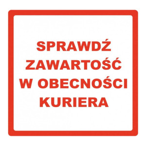 Etykiety termotransferowe Specmark 85 x 85 mm 500 szt. / ostrzegawcze / SPRAWDŹ ZAWARTOŚĆ W OBECNOŚCI KURIERA / gilza fi40 