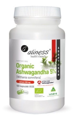 ALINESS Organic Ashwagandha 5% KSM-66 200mg 100 kapsułek - Studio Zielarskie