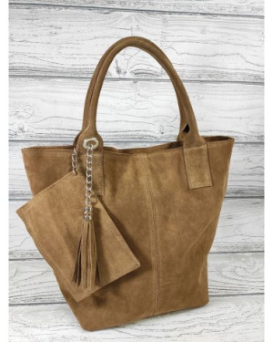 Włoska zamszowa torebka shopper worek taupe
