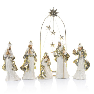 Szopka Bożonarodzeniowa - Święta Rodzina ze Złotymi Zdobieniami - Zestaw 6 Figurek - 41 cm - Decorato
