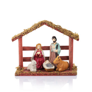 Szopka Bożonarodzeniowa - 6 Figurek Ceramicznych w Drewnianej Szopce - 15 cm - Ceramico