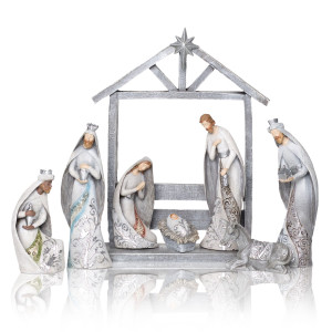 Szopka Bożonarodzeniowa - Święta Rodzina w Srebrnym Kolorze - 29 cm - Decorato