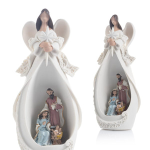 Szopka Bożonarodzeniowa - Święta Rodzina z Aniołem - Podświetlana - 19 cm - Bianco