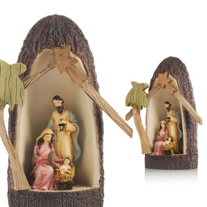 Szopka Bożonarodzeniowa - Nowoczesna Szopka z Palmą - Podświetlana - 17 cm - Bianco
