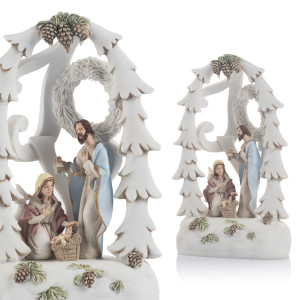 Szopka Bożonarodzeniowa - Święta Rodzina z Choinkami - Podświetlana - 14 cm - Bianco
