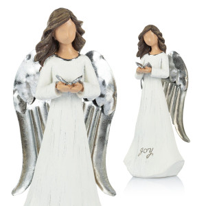 Figurka - Anioł z Motylem i napisem JOY - Srebrne Skrzydła - 20 cm - Decorato