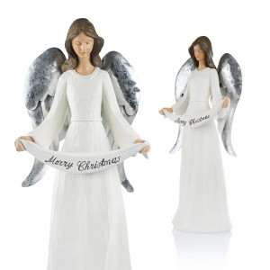 Figurka - Świąteczny Anioł z napisem MERRY CHRISTMAS - 57 cm - Decorato