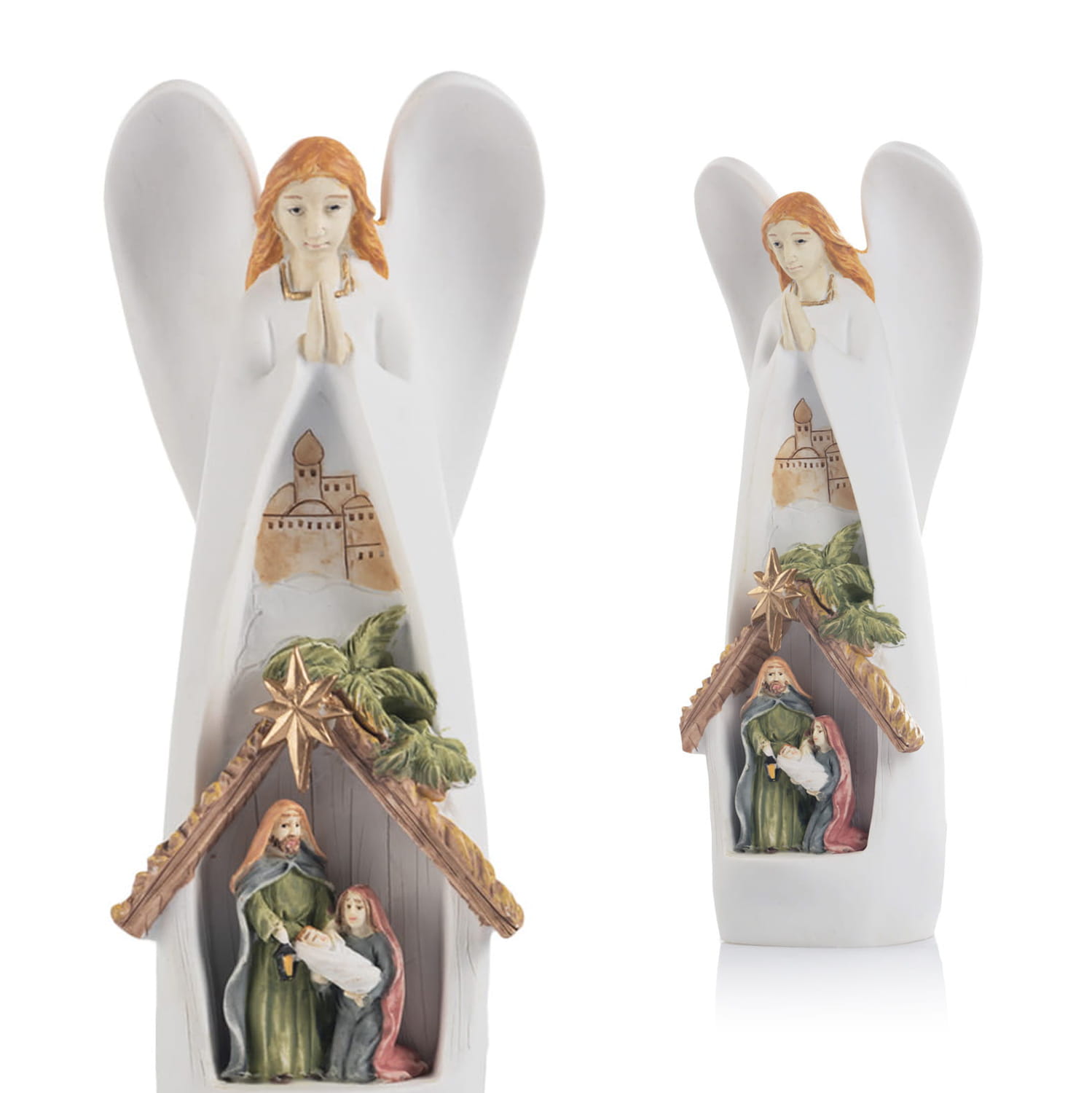 Szopka Bożonarodzeniowa - Święta Rodzina z Aniołem - Podświetlana - 18 cm - Bianco