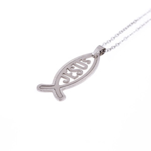 Naszyjnik Srebrny - Rybka Chrześcijańska Z Napisem Jesus - Acciaio - Zawieszka 3,7 cm