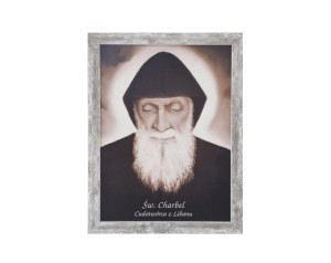Obraz Św. Charbel duży biała przecierana rama