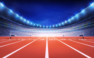 Fototapeta Lekkoatletyka athletics stadium with race track finish view