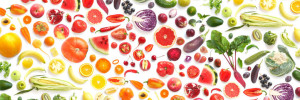 Fototapeta Kuchnia pattern of various fresh vegetables and fruits isolated on white background, top view, flat lay. Composition of food, concept of