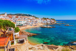 Fototapeta Barcelona Sea landscape with Calella de Palafrugell, Catalonia, Spain near of Barcelona. Scenic fisherman village with nice sand beach and