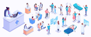 Fototapeta Medycyna Isometric illustration of medical workers and patients. Hospitals, doctors, patients, reception. healthcare and technology