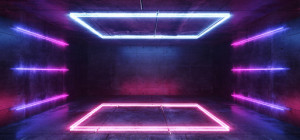 Fototapeta Neon Vibrant Retro Neon Glowing Purple Blue Fluorescent Futuristic Sci Fi Rectangle Shaped Abstract Stage Lights Dance Room Empty