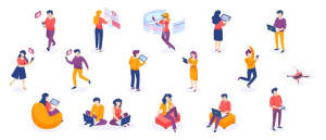 Fototapeta Ludzie Isometric people and gadgets. Young men and women characters with smartphones and gadgets. Vector modern freelance business people