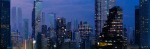 Fototapeta Night City Smart Modern city night background and wireless communication network.