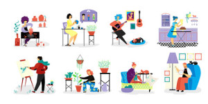 Fototapeta Hobby People do creative artistic hobbies on vector hand drawn hobby illustration isolated on white. Person do favorit hobbies, draw, play