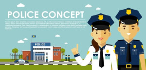 Fototapeta Policja Police concept with cops in flat style. Young policeman and policewoman, city police department building, police car