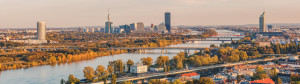 Fototapeta Wiedeń Panoramic view over the Danube in Vienna towards the Vienna International Centre