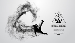 Fototapeta Breakdance Abstract silhouette of a breakdancer, man, bboy, breaker, breaking on the white background from particles, dust, smoke. Hip-hop