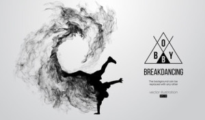 Fototapeta Breakdance Abstract silhouette of a breakdancer, man, bboy, breaker, breaking on the white background from particles, dust, smoke. Hip-hop
