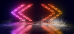 Fototapeta Neon Smoke Sci Fi Futuristic Glowing Neon Lasers Retro Modern Arrows SHaped Pointers Vibrant Purple Blue Orange Red Lights On Concrete