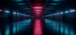 Fototapeta Neon Cyber Neon Purple Blue Red Sci Fi Futuristic Grunge Hangar Retro Warehouse Underground Parking Steel Concrete Cement Tunnel Corridor