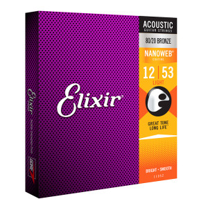 Struny do Gitary Akustycznej Elixir NanoWeb (12-53) 80|20 Bronze o Wydłużonej Trwałości