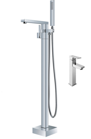 Zestaw Bateria wannowa wolnostojąca LEMOR + Bateria umywalkowa nablatowa QATRO - CHROM