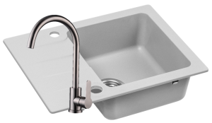 Zlewozmywak Granitowy COAST 25 szary z baterią stal