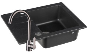 Zlewozmywak Granitowy COAST 25 czarny nakrapiany z baterią stal