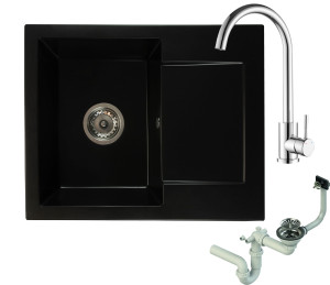 Zlewozmywak granitowy DONZO czarny mat z baterią chrom i syfonem