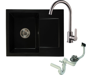 Zlewozmywak granitowy DONZO czarny mat z baterią inox i syfonem