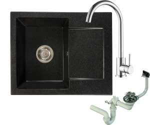 Zlewozmywak granitowy DONZO czarny nakrapiany z baterią chrom i syfonem