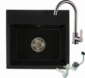 Zlewozmywak granitowy DON czarny mat z baterią inox i syfonem