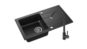 Zlewozmywak Granitowy LAGOON 160 czarny nakrapiany z baterią czarną