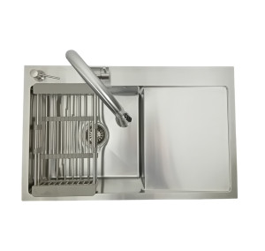 Zlewozmywak stalowy jednokomorowy STEEL 7849L z Dozownikiem, Baterią AFINO i Koszyk