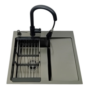 Zlewozmywak stalowy jednokomorowy z ociekaczem czarny 5849L lewa komora z Dozownikiem, Baterią MIURA oraz Koszyk