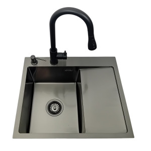 Zlewozmywak stalowy jednokomorowy z ociekaczem czarny 5849L lewa komora z Dozownikiem i Baterią MIURA