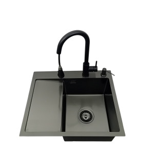 Zlewozmywak stalowy jednokomorowy z ociekaczem czarny 5849 Prawy z Dozownikiem i Baterią MIURA