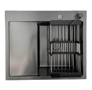 Zlewozmywak stalowy jednokomorowy z ociekaczem czarny 5849 Prawy z Dozownikiem i Koszykiem