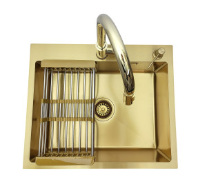 Zlewozmywak stalowy STELLMAN 6050 Gold z Dozownikiem, Koszykiem i Baterią AFINO