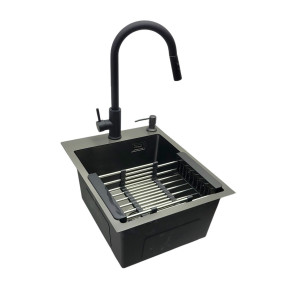 Zlewozmywak stalowy jednokomorowy czarny 40x50 z Dozownikiem, Baterią AFINO i Koszykiem