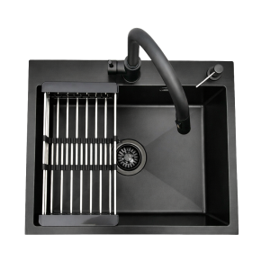 Zlewozmywak stalowy jednokomorowy czarny 60x50 z Dozownikiem, Baterią AFINO i Koszykiem