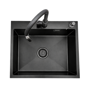 Zlewozmywak stalowy jednokomorowy czarny 60x50 z Dozownikiem i Baterią AFINO