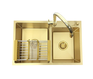Zlewozmywak stalowy dwu komorowy STEEL 7549 ZŁOTY + Dozownik + Koszyk + Bateria AFINO